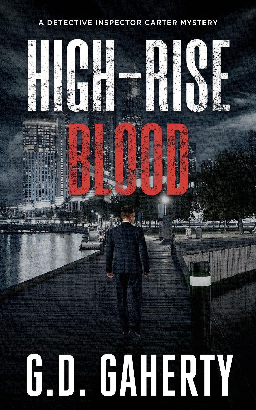 Book cover featuring detective walking away from the viewer along a moody Melbourne dock with the city shining in the background.