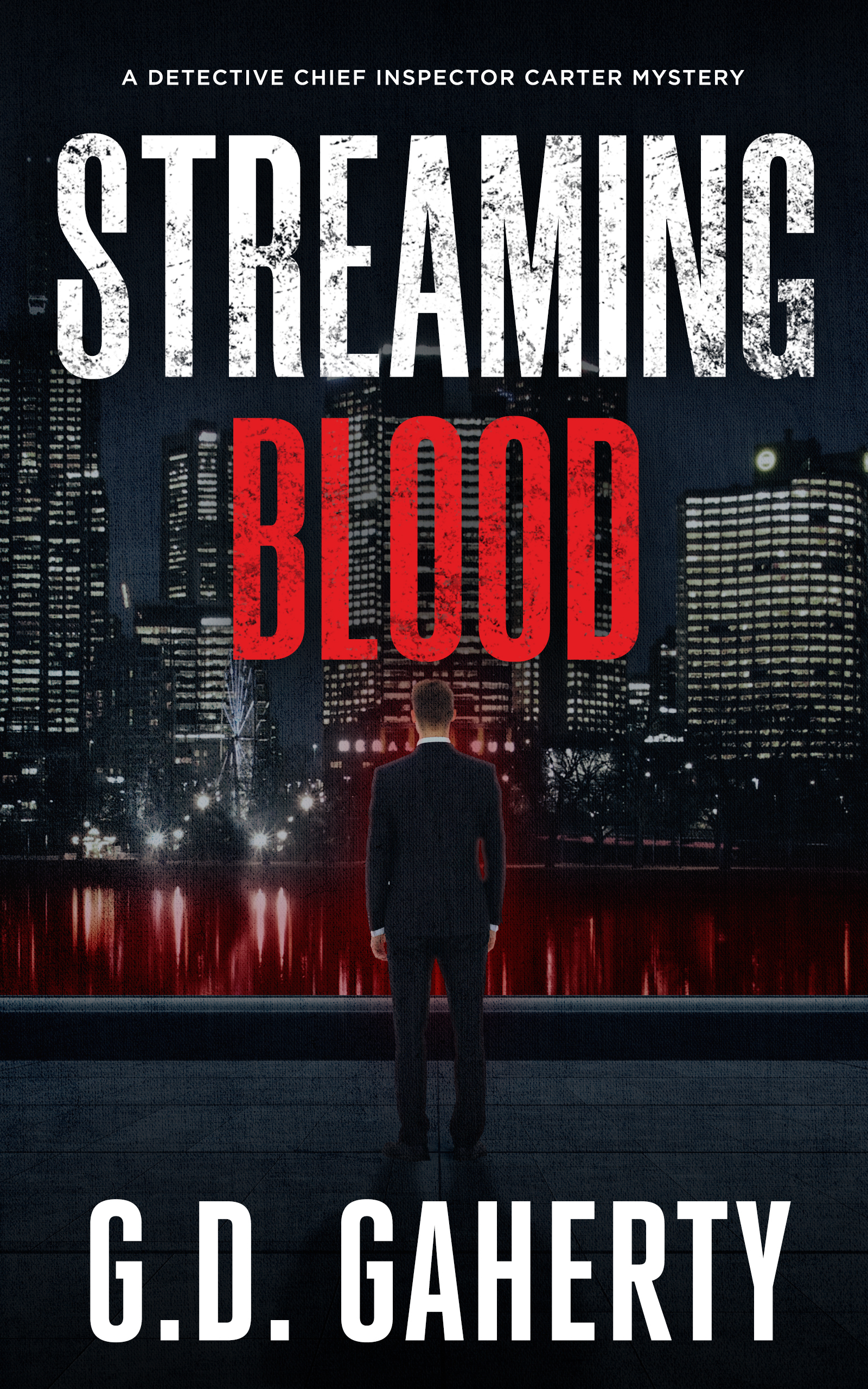 Streaming Blood cover — a detective in silhouette before the Melbourne skyline, red light streaming across the water.